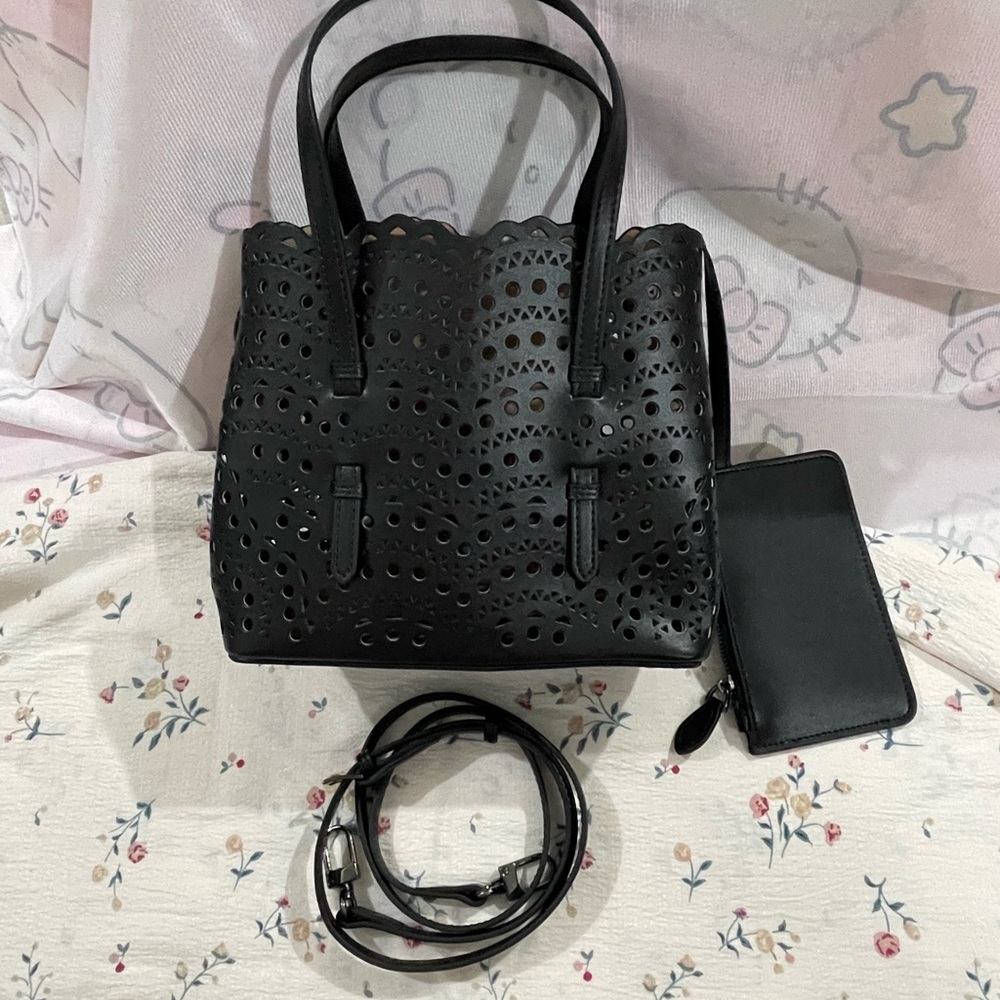 Alaia Black Laser-Cut Tote with Detachable Strap and Pouch